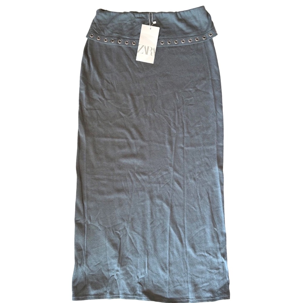 Zara Knit Maxi Skirt Grommet Fold Over Waist Blue Grey Modern Grunge Indie  M